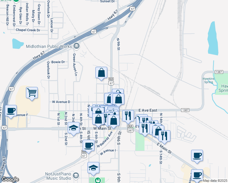 map of restaurants, bars, coffee shops, grocery stores, and more near 502 North 8th Street in Midlothian