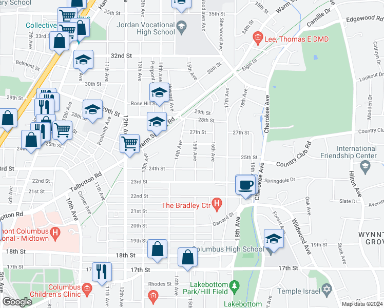 map of restaurants, bars, coffee shops, grocery stores, and more near 1429 25th Street in Columbus