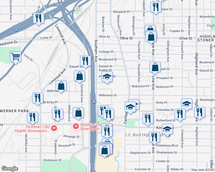map of restaurants, bars, coffee shops, grocery stores, and more near 2600 Barret Street in Shreveport