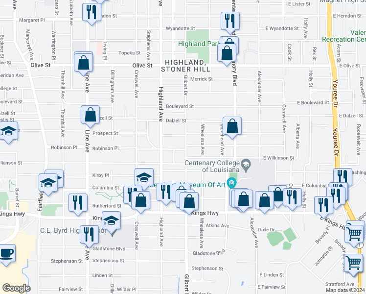 map of restaurants, bars, coffee shops, grocery stores, and more near 2530 Gilbert Drive in Shreveport