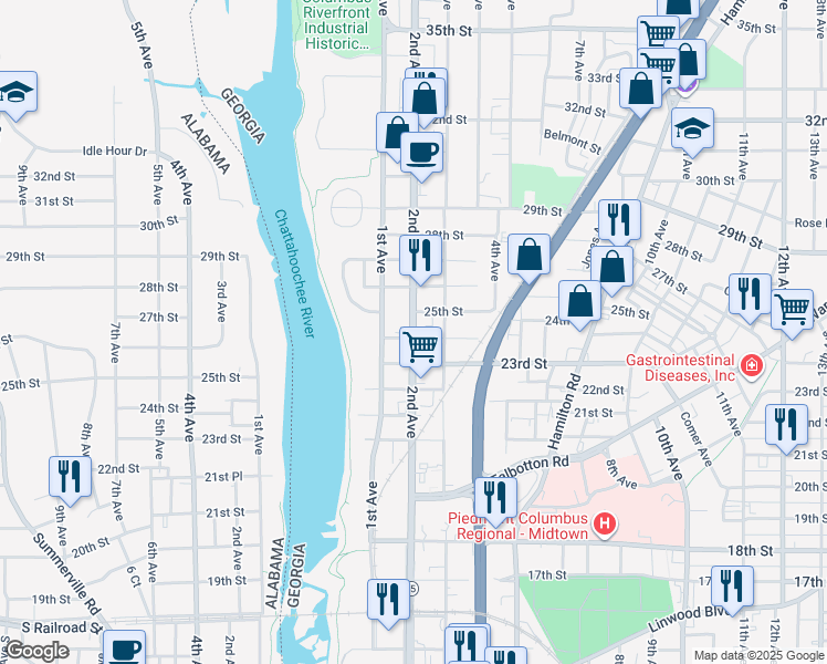 map of restaurants, bars, coffee shops, grocery stores, and more near 2420 2nd Avenue in Columbus