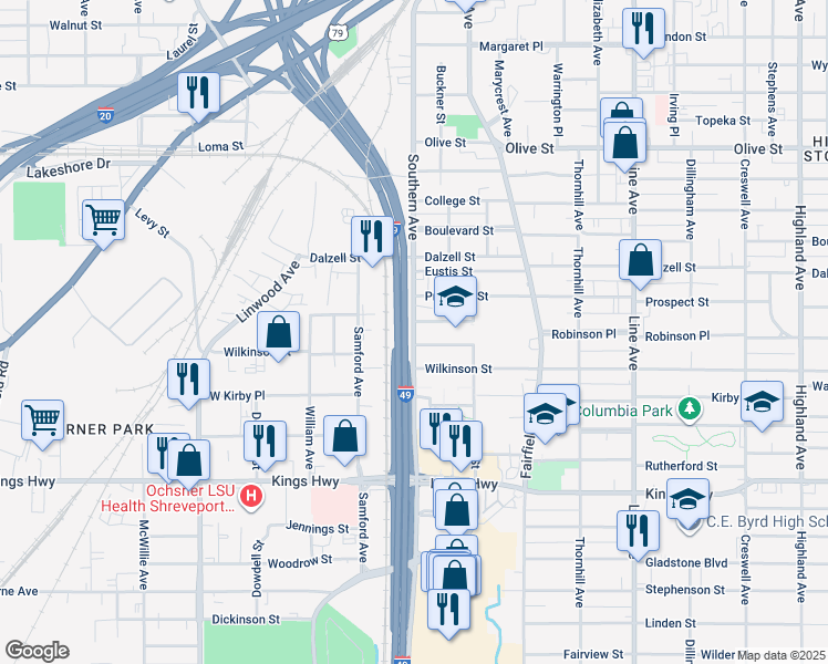 map of restaurants, bars, coffee shops, grocery stores, and more near Southern Avenue in Shreveport