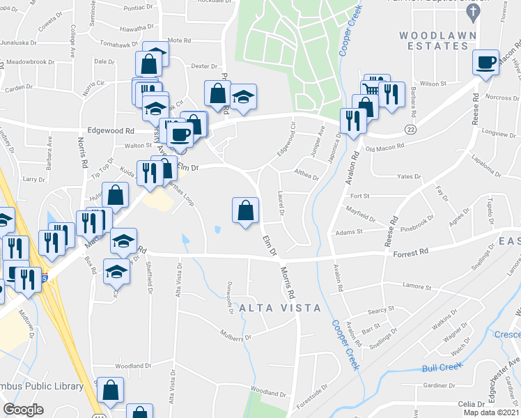 map of restaurants, bars, coffee shops, grocery stores, and more near 2301 Elm Drive in Columbus