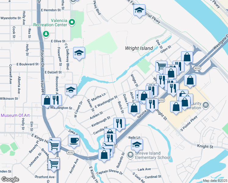 map of restaurants, bars, coffee shops, grocery stores, and more near 2722 Bolch Street in Shreveport