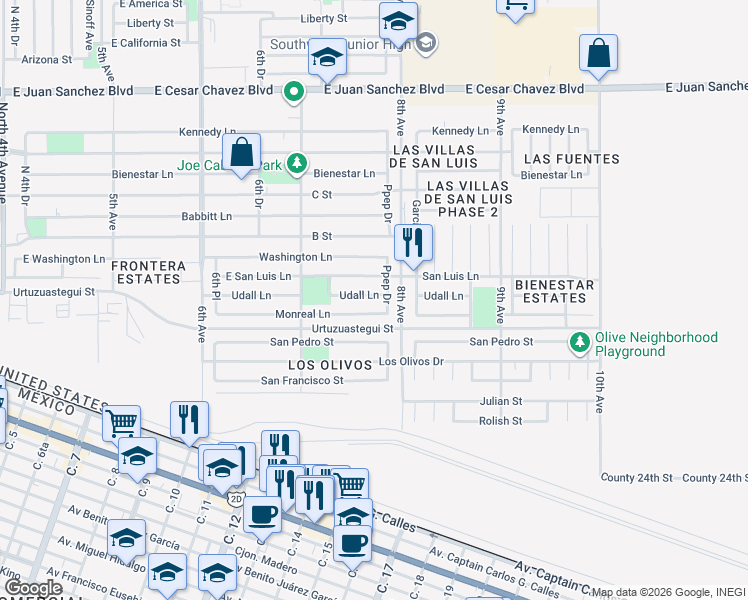 map of restaurants, bars, coffee shops, grocery stores, and more near 9550-9638 Udall Ln in San Luis