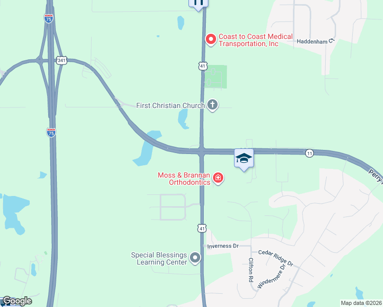 map of restaurants, bars, coffee shops, grocery stores, and more near 41 Perry Parkway in Perry