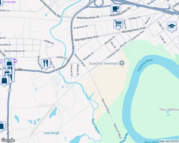 map of restaurants, bars, coffee shops, grocery stores, and more near 1798 Coleman Ave in West Monroe