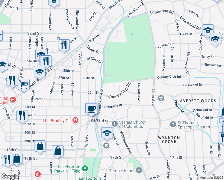 map of restaurants, bars, coffee shops, grocery stores, and more near 2520 Country Club Road in Columbus