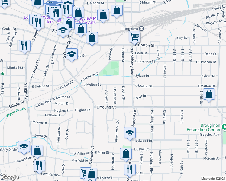 map of restaurants, bars, coffee shops, grocery stores, and more near 200 East Melton Street in Longview