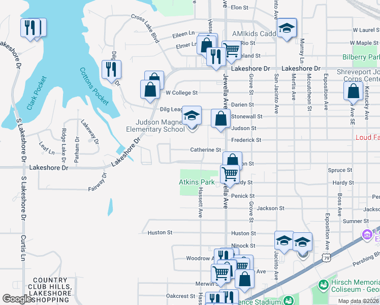 map of restaurants, bars, coffee shops, grocery stores, and more near 3817 Catherine Street in Shreveport