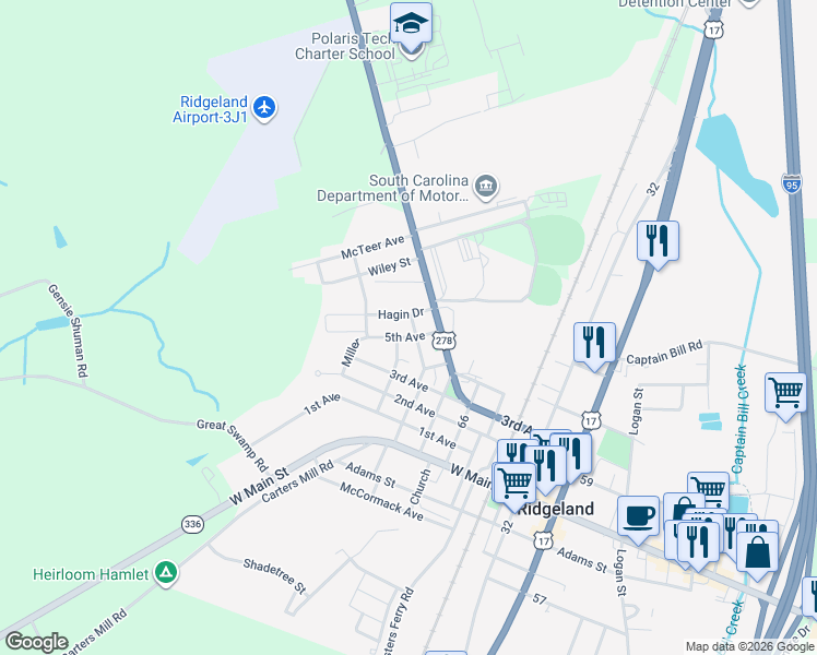 map of restaurants, bars, coffee shops, grocery stores, and more near 502 Hagin Drive in Ridgeland