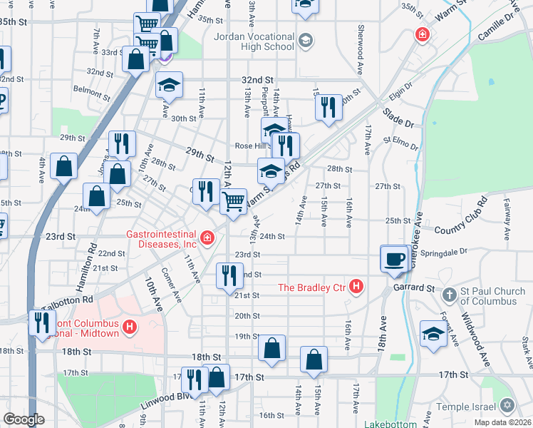 map of restaurants, bars, coffee shops, grocery stores, and more near 1315 Pou Street in Columbus