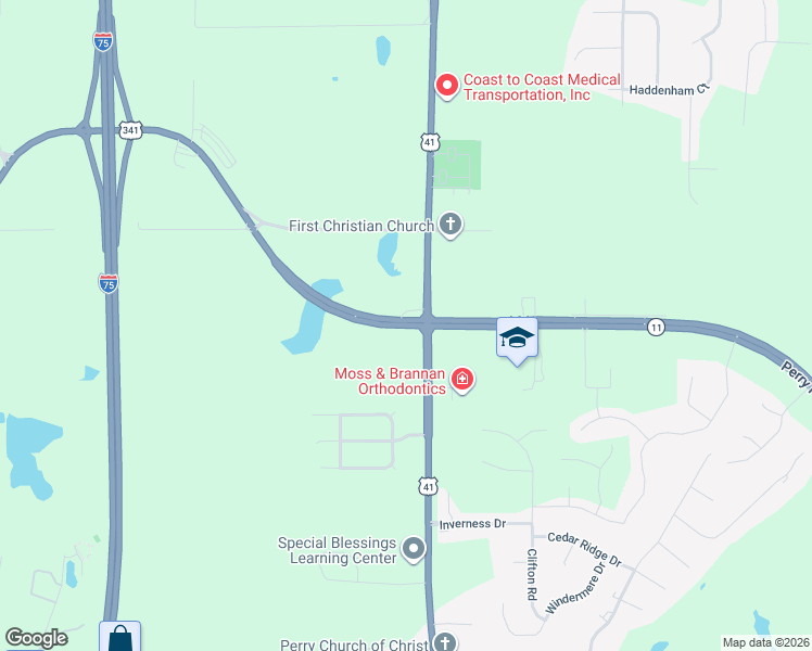 map of restaurants, bars, coffee shops, grocery stores, and more near Perry Parkway in Perry