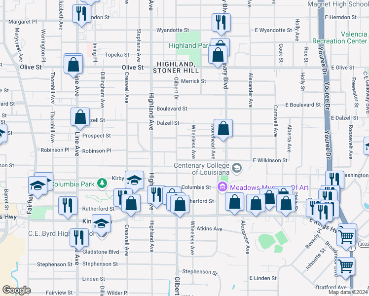 map of restaurants, bars, coffee shops, grocery stores, and more near 329 Robinson Place in Shreveport