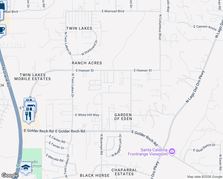 map of restaurants, bars, coffee shops, grocery stores, and more near 3985 East Songbird Lane in Tucson