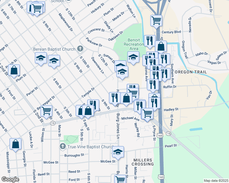 map of restaurants, bars, coffee shops, grocery stores, and more near 1800 Parkview Drive in Monroe