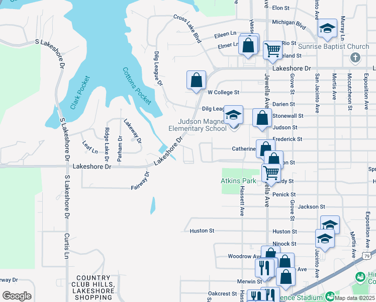 map of restaurants, bars, coffee shops, grocery stores, and more near 4223-308 Lakeshore Drive in Shreveport
