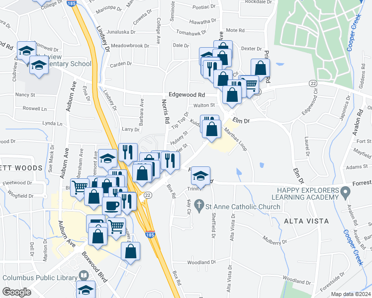 map of restaurants, bars, coffee shops, grocery stores, and more near 3550 Fuller Street in Columbus