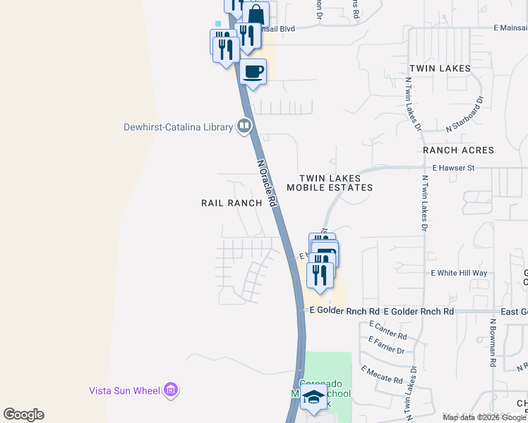 map of restaurants, bars, coffee shops, grocery stores, and more near 15445 North Oracle Road in Tucson