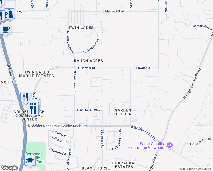 map of restaurants, bars, coffee shops, grocery stores, and more near 3973 East Songbird Lane in Tucson