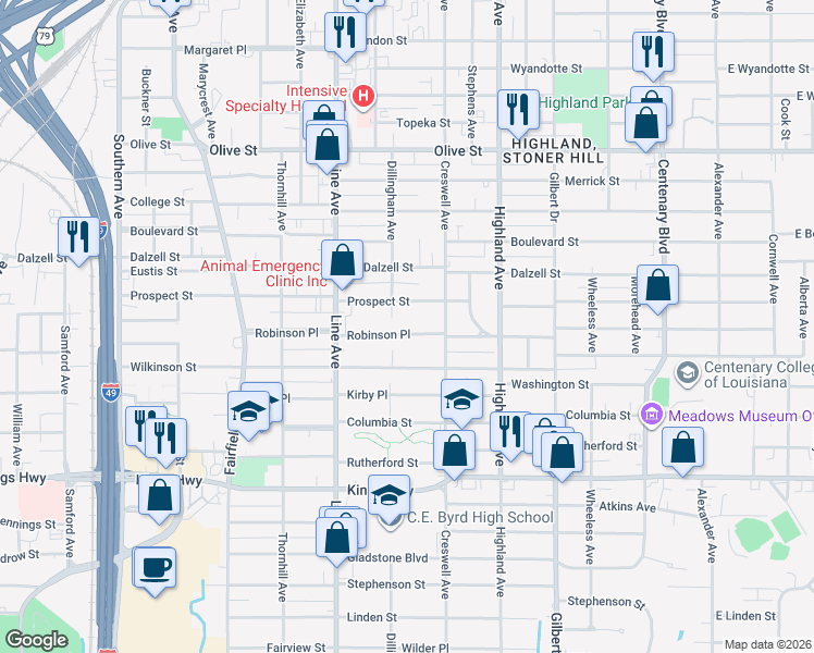 map of restaurants, bars, coffee shops, grocery stores, and more near 620 Robinson Place in Shreveport