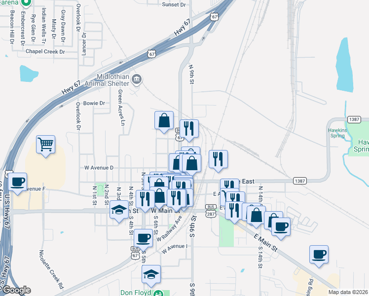 map of restaurants, bars, coffee shops, grocery stores, and more near 511 North 8th Street in Midlothian