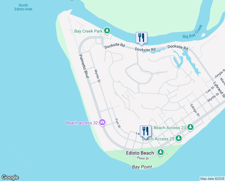 map of restaurants, bars, coffee shops, grocery stores, and more near 5 Courtyard Place in Edisto Island