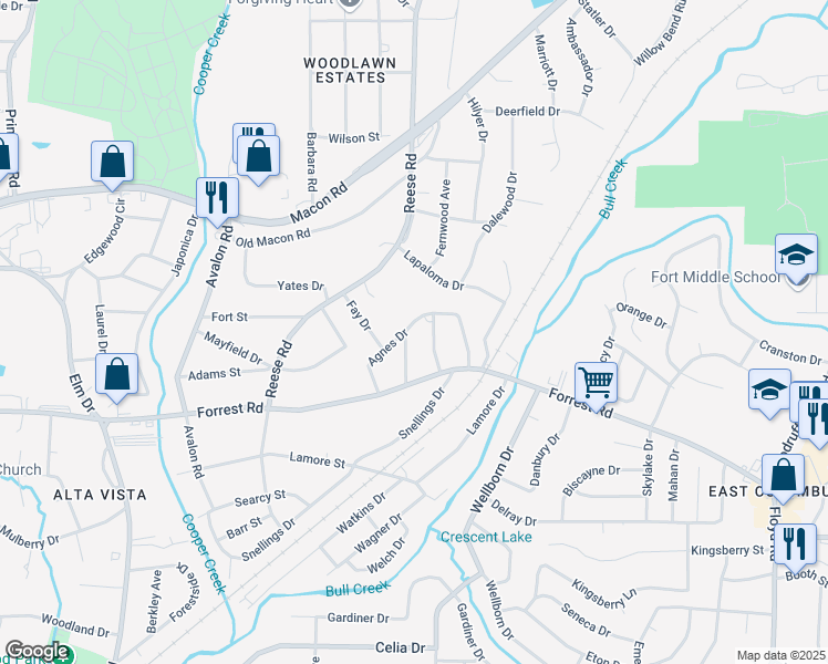 map of restaurants, bars, coffee shops, grocery stores, and more near 2250 Roberta Drive in Columbus