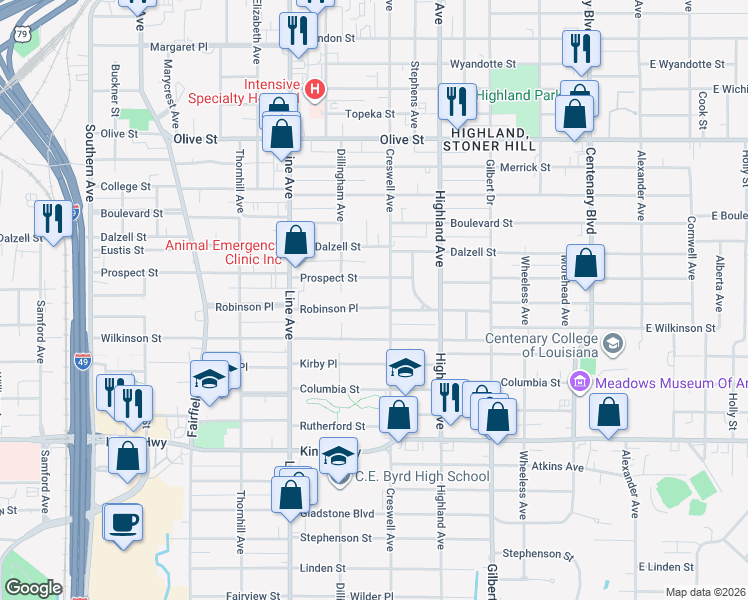 map of restaurants, bars, coffee shops, grocery stores, and more near 620 Robinson Place in Shreveport