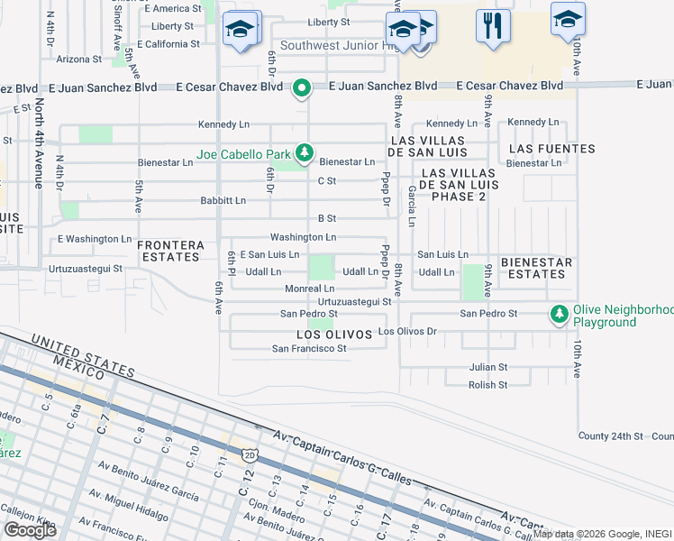 map of restaurants, bars, coffee shops, grocery stores, and more near 9638 Udall Ln in San Luis