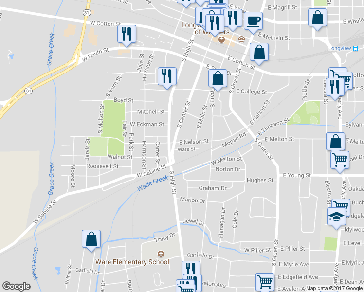 map of restaurants, bars, coffee shops, grocery stores, and more near 106 East Nelson Street in Longview