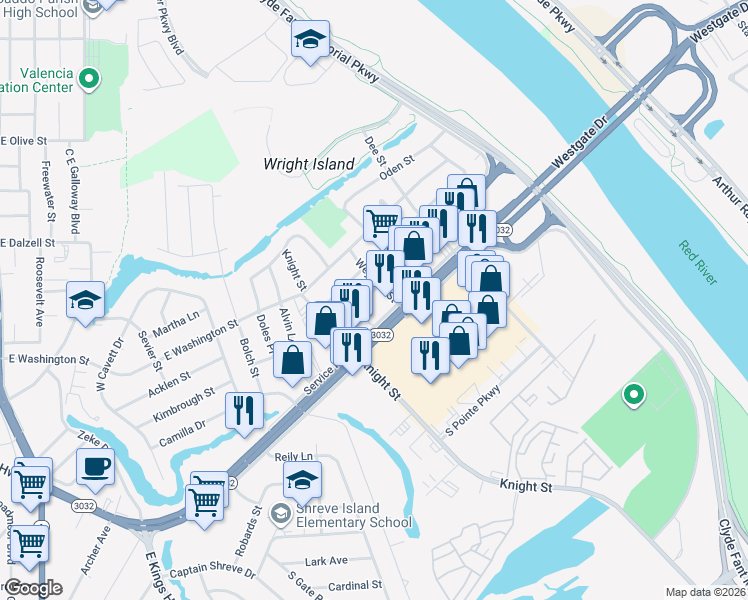 map of restaurants, bars, coffee shops, grocery stores, and more near 1139 Carolina Street in Shreveport
