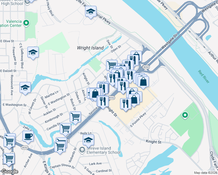 map of restaurants, bars, coffee shops, grocery stores, and more near 1139 Carolina Street in Shreveport