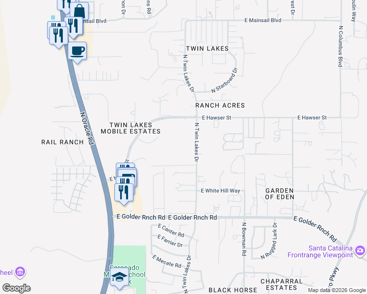 map of restaurants, bars, coffee shops, grocery stores, and more near 15491 North Twin Lakes Drive in Tucson