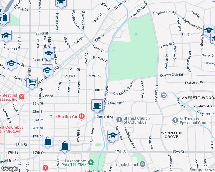 map of restaurants, bars, coffee shops, grocery stores, and more near 2601 Cherokee Avenue in Columbus