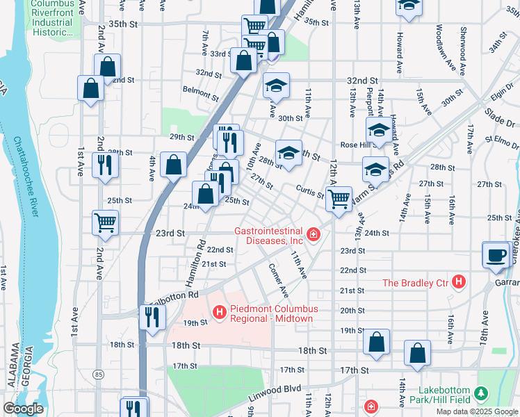 map of restaurants, bars, coffee shops, grocery stores, and more near 848 25th Street in Columbus