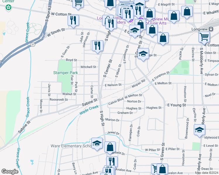map of restaurants, bars, coffee shops, grocery stores, and more near 106 East Nelson Street in Longview