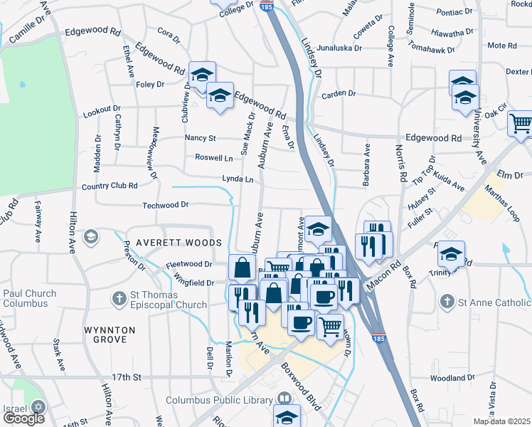 map of restaurants, bars, coffee shops, grocery stores, and more near 2710 Auburn Avenue in Columbus