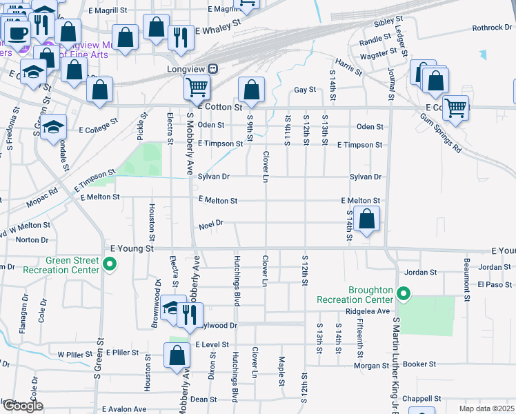 map of restaurants, bars, coffee shops, grocery stores, and more near 610 East Melton Street in Longview