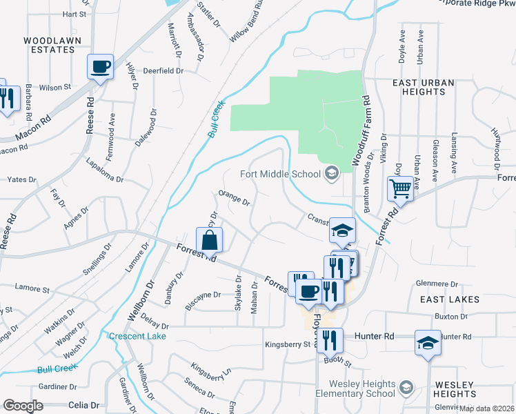 map of restaurants, bars, coffee shops, grocery stores, and more near 5254 Orange Drive in Columbus
