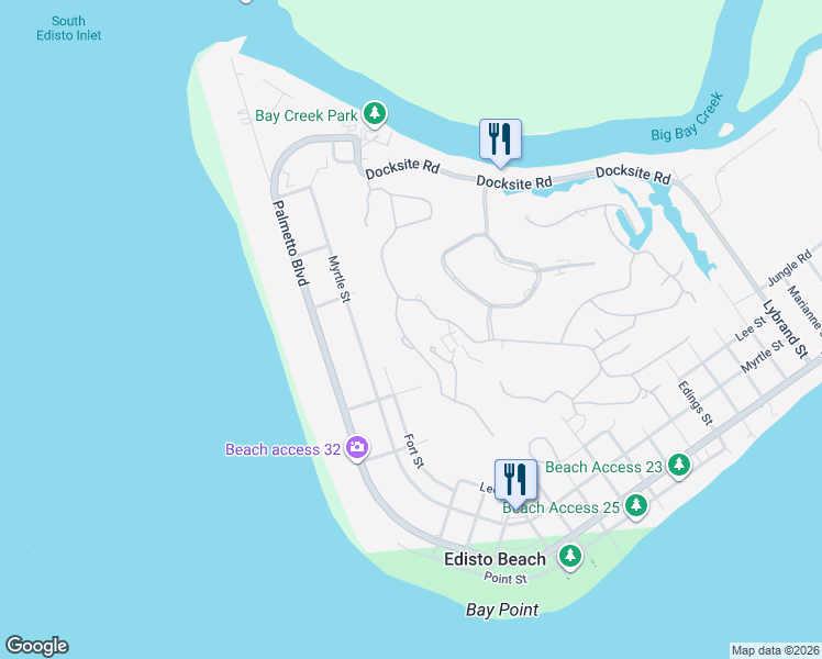 map of restaurants, bars, coffee shops, grocery stores, and more near 5 Courtyard Place in Edisto Island