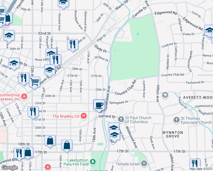 map of restaurants, bars, coffee shops, grocery stores, and more near 2601 Cherokee Avenue in Columbus