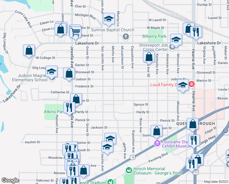 map of restaurants, bars, coffee shops, grocery stores, and more near 3336 Catherine Street in Shreveport