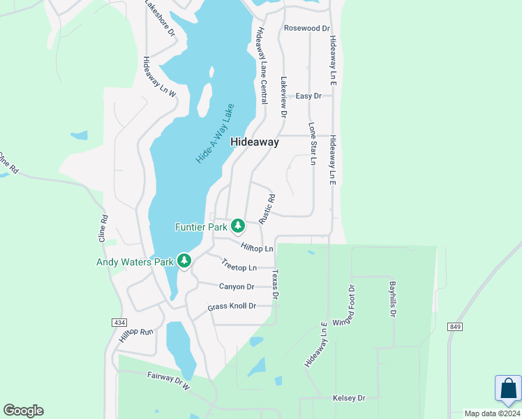 map of restaurants, bars, coffee shops, grocery stores, and more near 316 Rustic Road in Hideaway