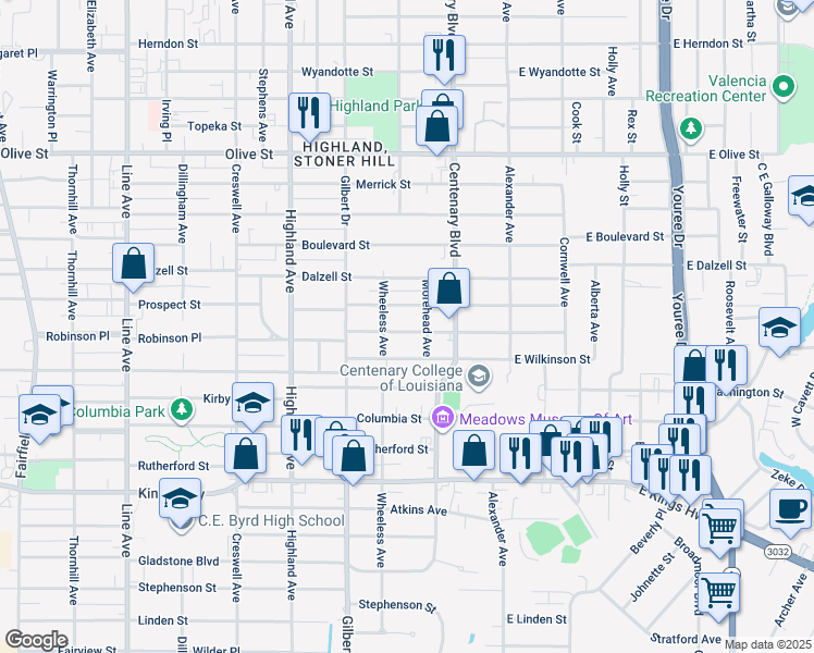 map of restaurants, bars, coffee shops, grocery stores, and more near 256 Robinson Place in Shreveport
