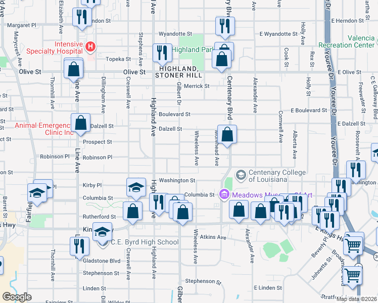 map of restaurants, bars, coffee shops, grocery stores, and more near 318 Robinson Place in Shreveport