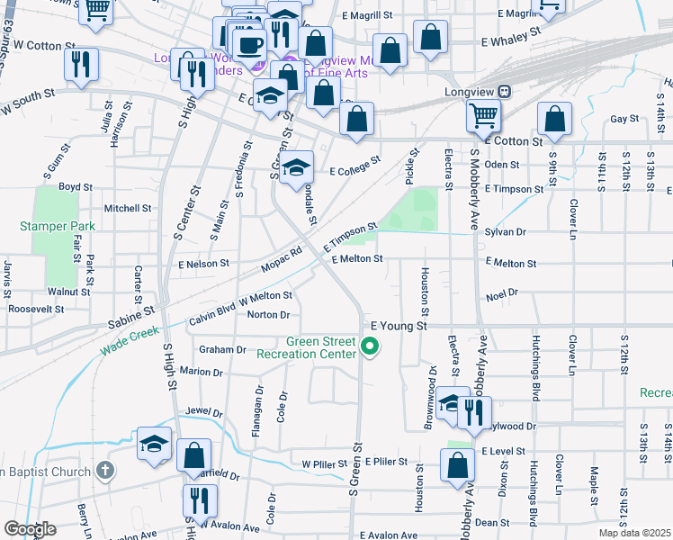 map of restaurants, bars, coffee shops, grocery stores, and more near 706 South Green Street in Longview