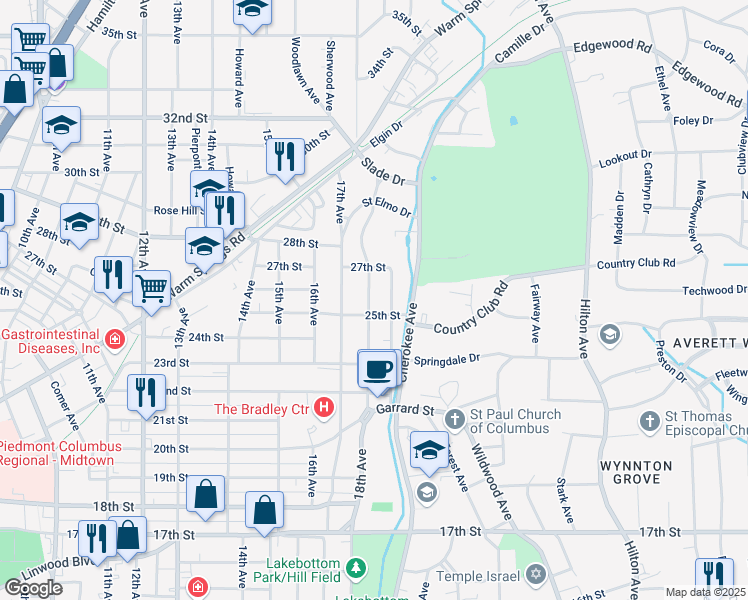 map of restaurants, bars, coffee shops, grocery stores, and more near 2510 18th Avenue in Columbus