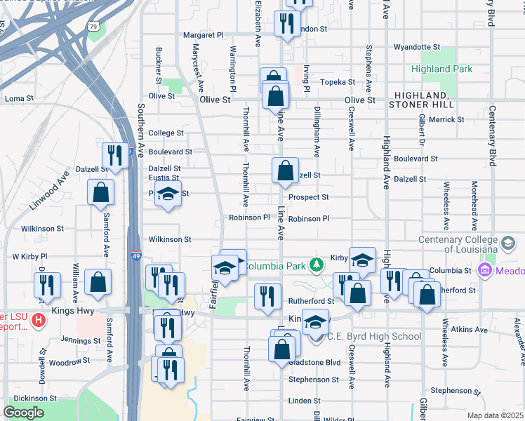 map of restaurants, bars, coffee shops, grocery stores, and more near 832 Robinson Place in Shreveport