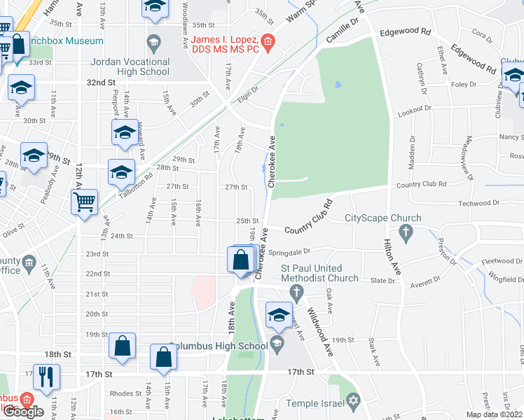 map of restaurants, bars, coffee shops, grocery stores, and more near 2601 Cherokee Avenue in Columbus